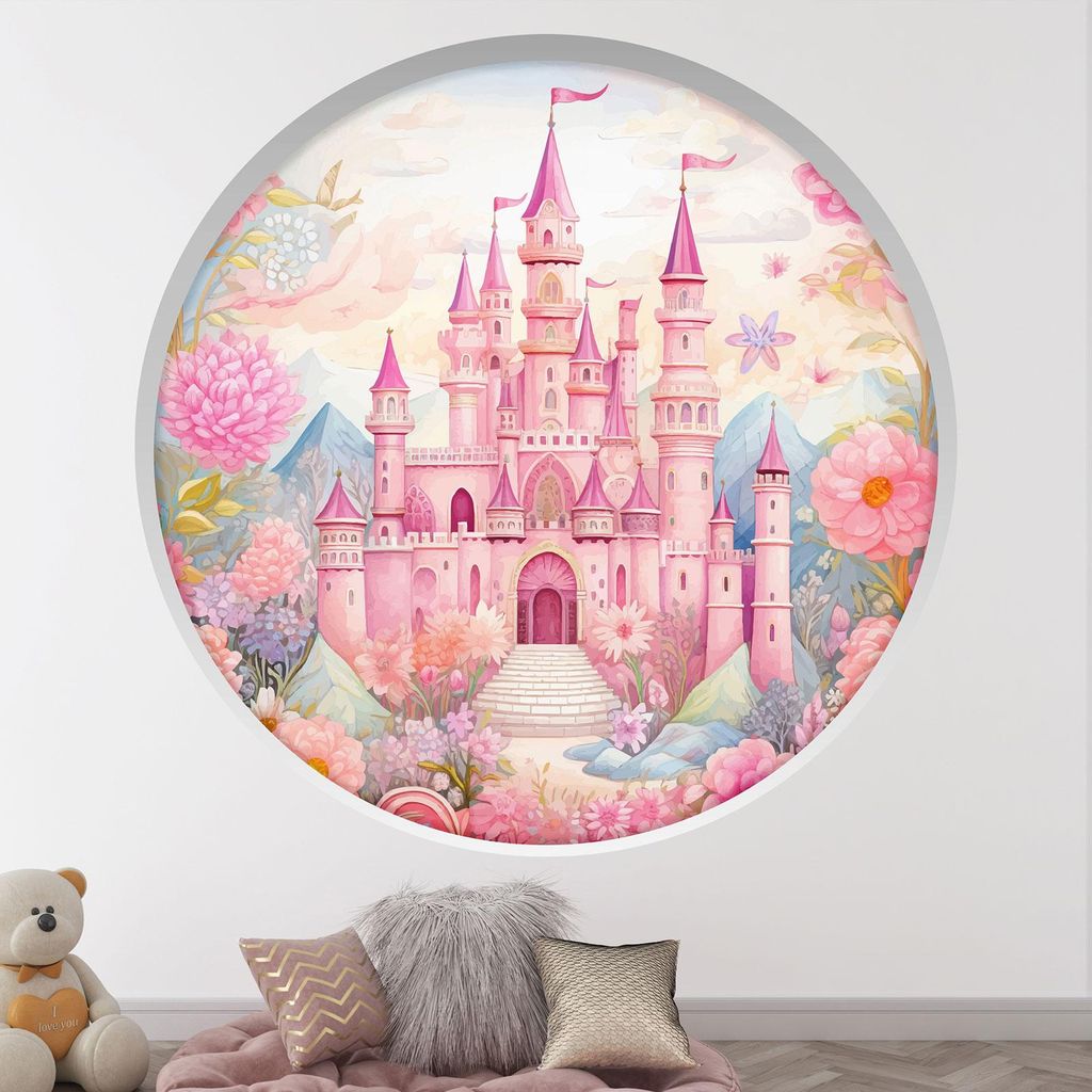 Trompe-l'œil-Aufkleber Runde Bogen Kinder - Lumaléa - Prinzessinnenschloss - Durchmesser 130 cm
