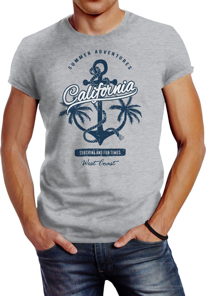 Herren T-Shirt Anker Palmen Anchor Palms Baumwolle Slim Fit Neverless grau M