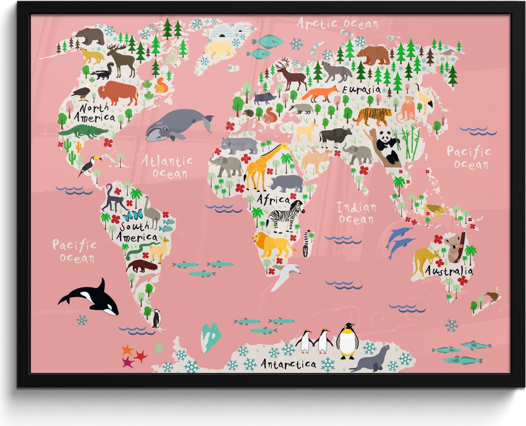 MuchoWow MuchoWow Gerahmtes Poster Weltkarte - Kinder - Rosa - Tiere 80x60 cm - Poster mit zchwarzem Bilderrahmen - Schwarzem - Mit Gestell