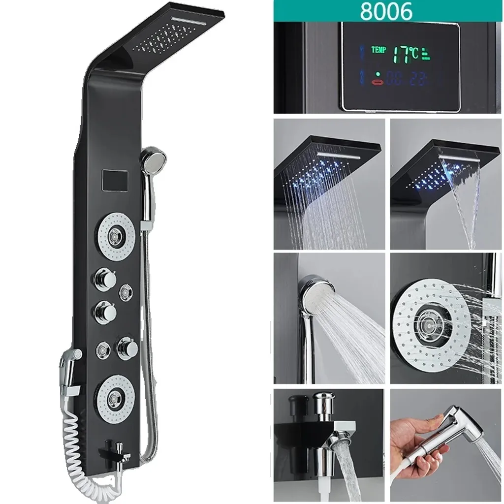 Douche LED noire inox 8006 avec capteur thermique - Design durable