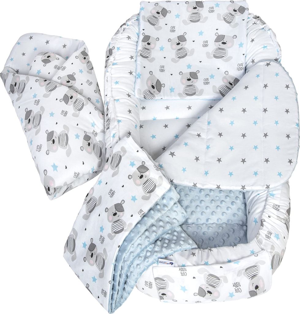 Babynestchen 5tlg Babynest Babydecke Steckkissen Kuschelnest Einschlagdecke Baumwolle 90x50 Teddybär mit Hellblauen Minky