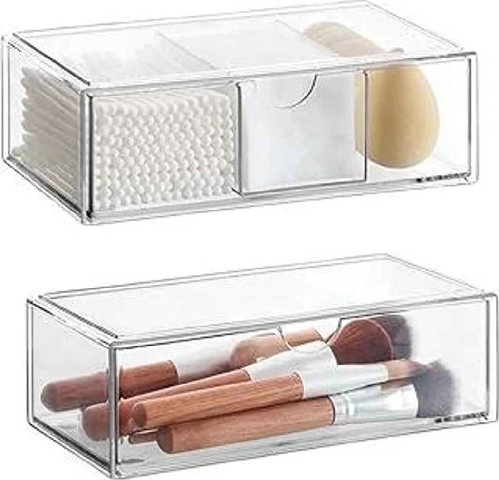 Exquilnova 2 pezzi organizer per cosmetici, organizer da bagno impilabile in acrilico, organizer trasparente per cassetti, organizer per trucchi per toeletta, bagno, dischetti di cotone, profumi (set da 2 pezzi)