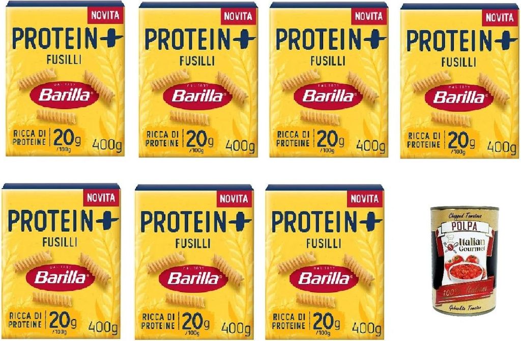 Barilla Protein + Fusilli 400g, Pasta reich an pflanzlichem Protein 7x 400 g + Italian Gourmet polpa 400gr