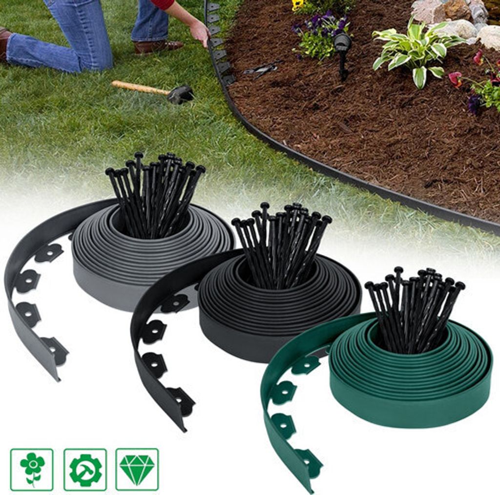 YUENFONG Flexible Rasenkante aus Kunststoff 10mx5cm mit 30 Erdanker zur Verankerung, Beetumrandung Wurzelsperre System,Garten dekorativ(10M, Schwarz)