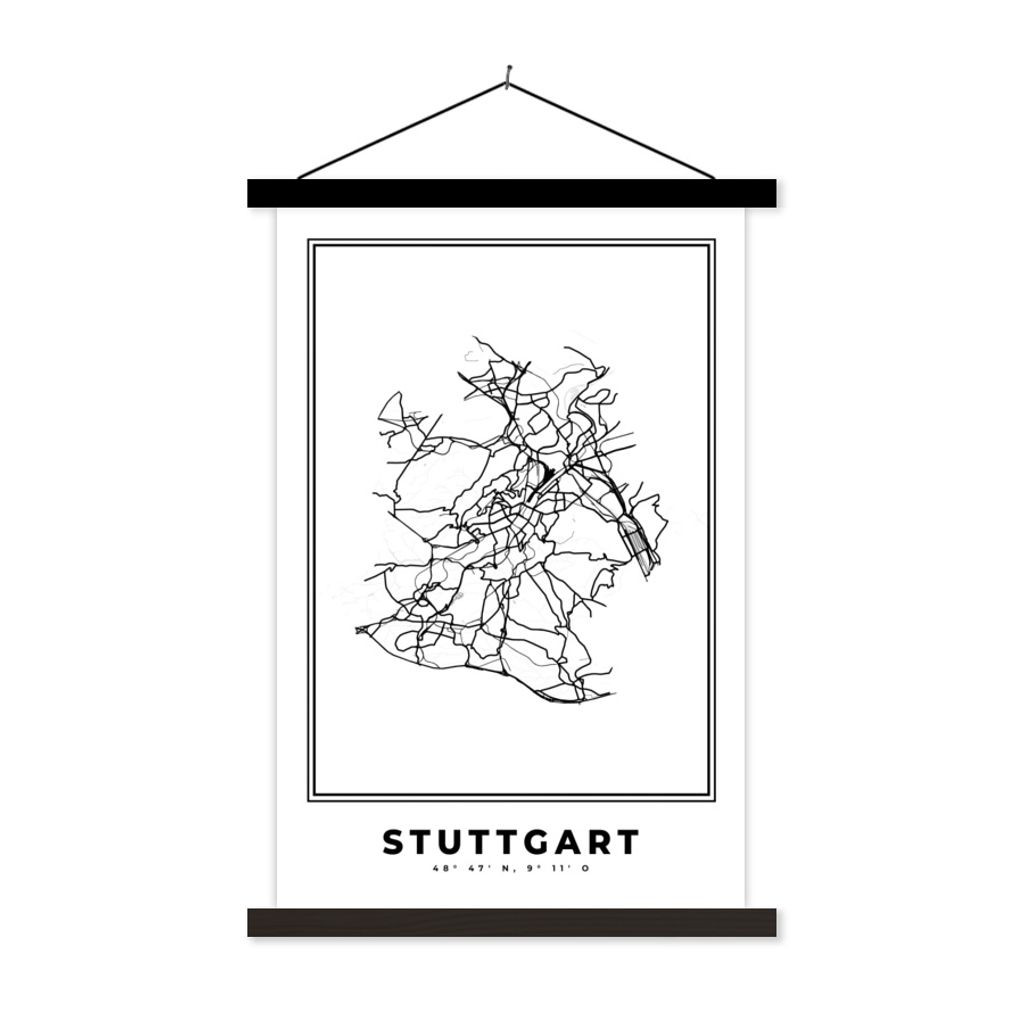 MuchoWow Textilposter Schwarz und weiß - Deutschland - Karte - Stadtplan - Stuttgart 120x180 cm mit schwarzem Rahmen - Fotos
