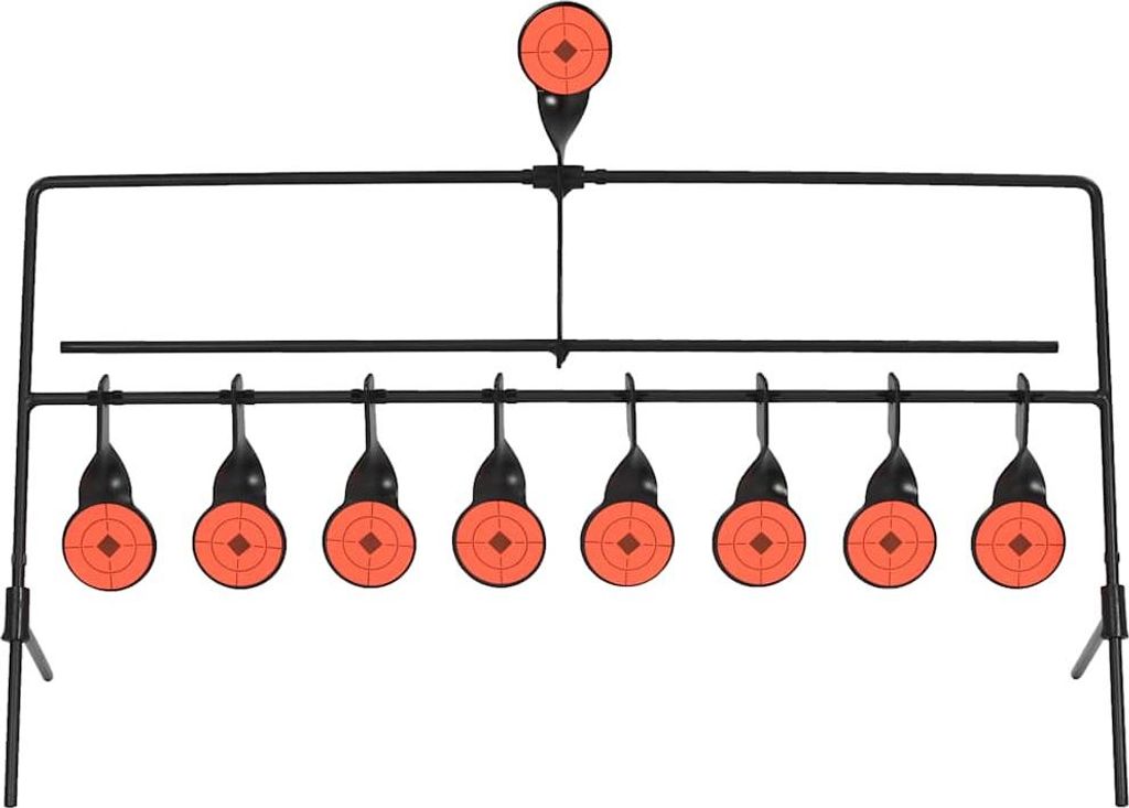 A black metal target stand with multiple orange targets.