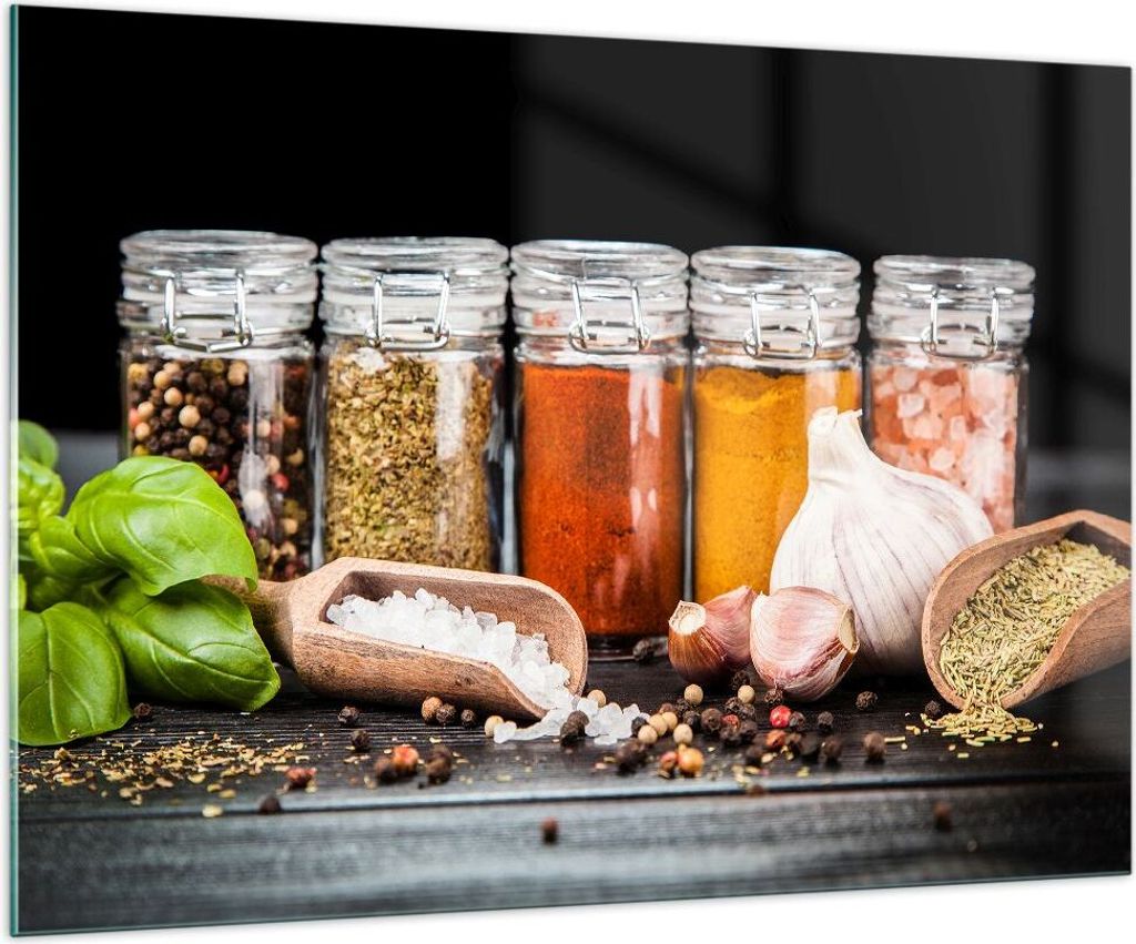 Bilder auf glas - Gewürze Knoblauch Holz Salz - 100x70cm - Glasbilder - Wandbilder - Kunstdruck - zum Aufhängen bereit - Wanddekoration aus Glas ...