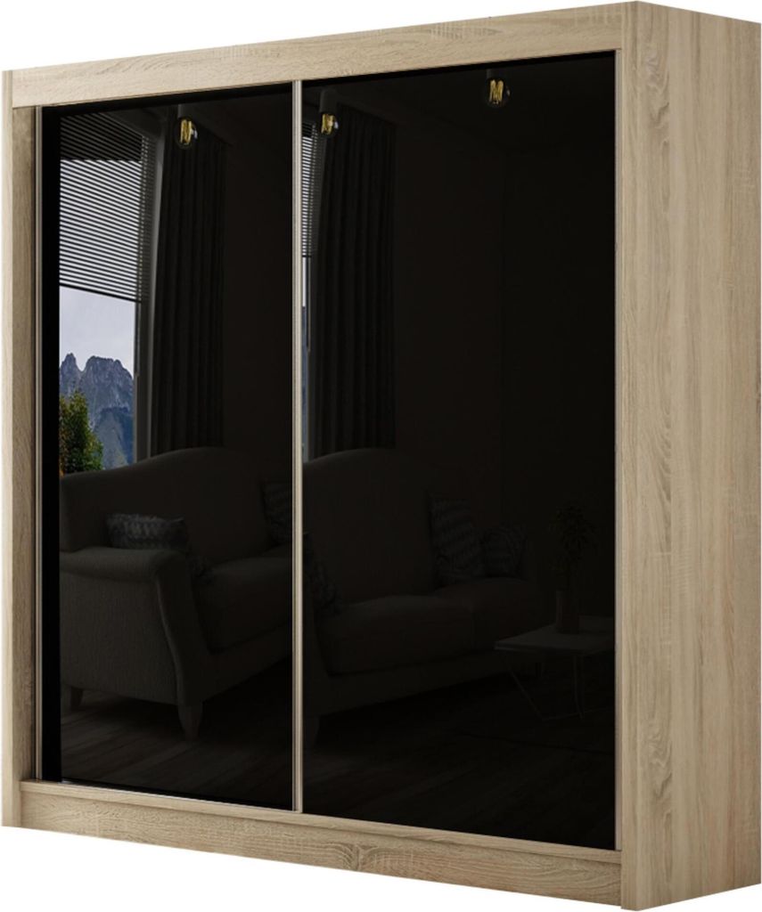2-türig Kleiderschrank 200 cm Buenos moderne Garderobe mit Schiebtüren Hochglanz Schiebtürenschrank für Kleidung, Farbe: Eiche sonoma, lacobel ...