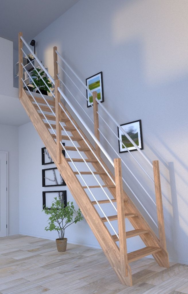 Holztreppe Rhodos in gerader Ausführung-Eiche-Holz-Edelstahl Geländer weiß-beidseitig-ohne Setzstufen