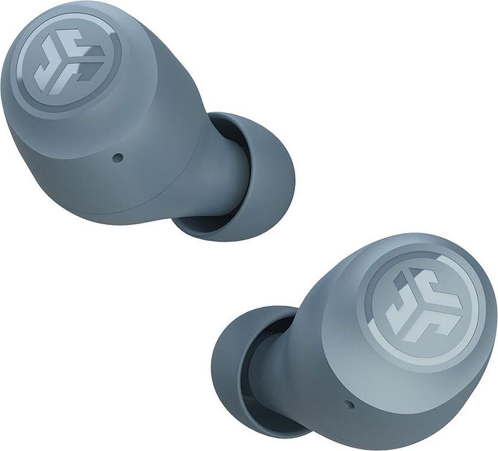 A pair of gray and blue wireless earbuds are shown against a white background.