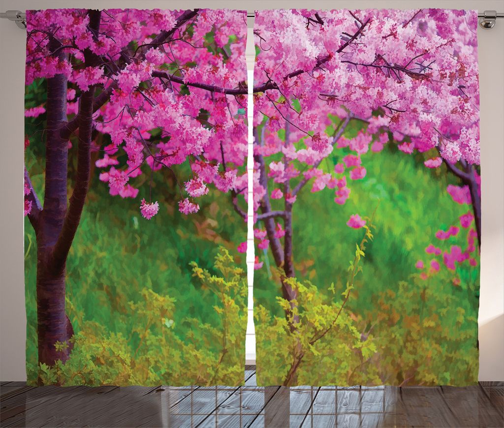 ABAKUHAUS Blumen Rustikaler Vorhang, Frühlings-Garten-Landschaft, Wohnzimmer Universalband Gardinen mit Schlaufen und Haken, 280 x 245 cm, Rosa un...