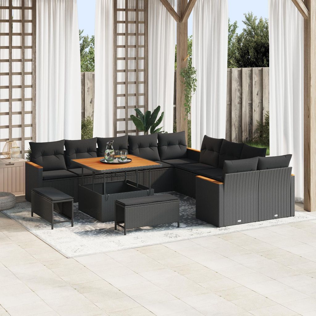 13-teiliges Garten Sofa Set mit Kissen Schwarz Poly Rattan Akazie, Design Gartensofas Neu