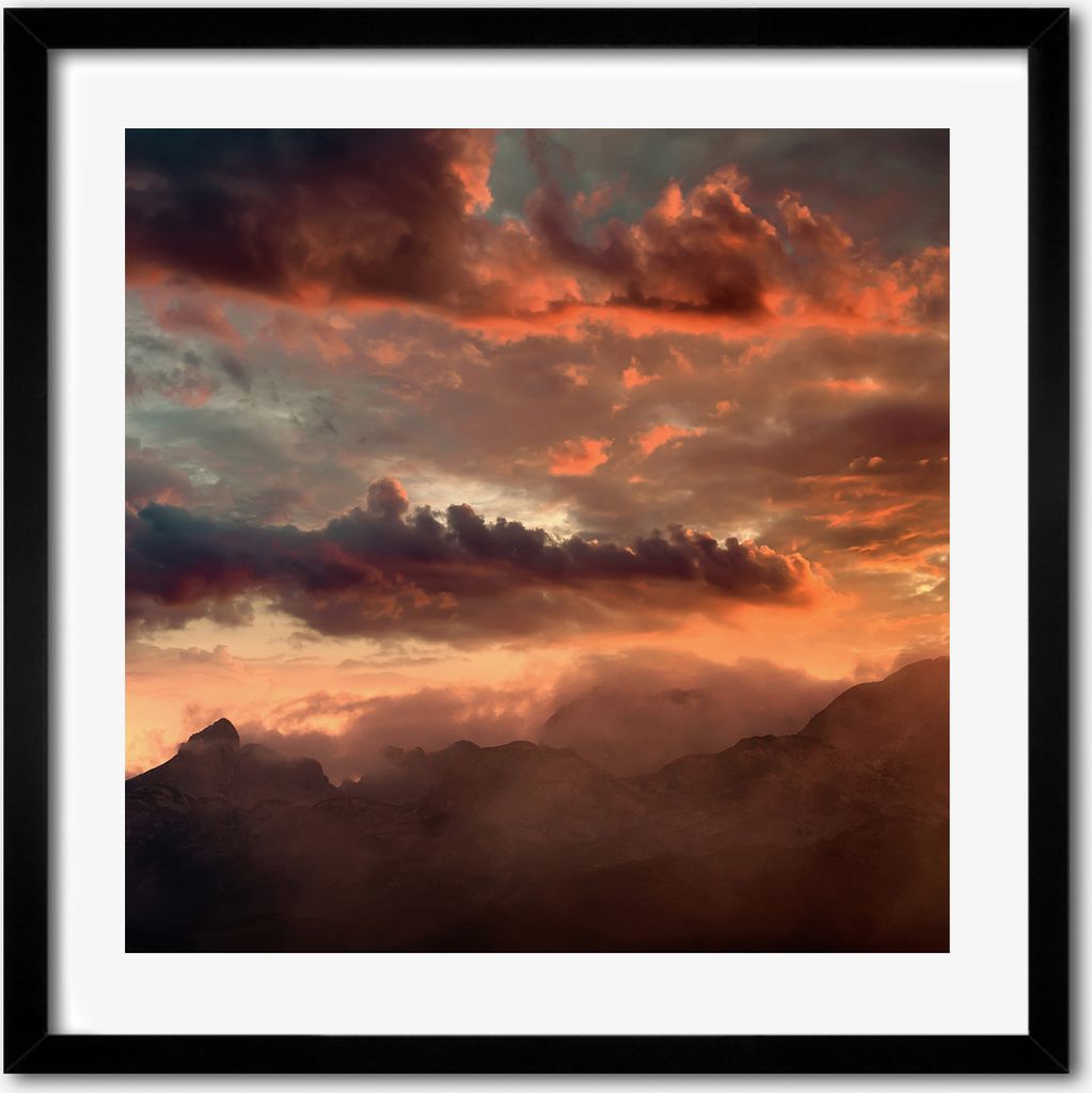 Bild - 50 cm x 50 cm - MDF - Rahmen, Wandkunst - Sonnenuntergang Berge