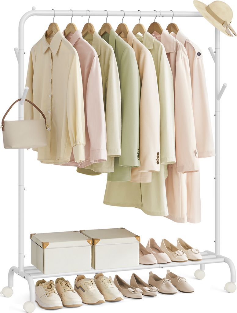 A white rolling garment rack filled with pastel-colored clothing and accessories, with storage boxes and shoes on the lower shelves.