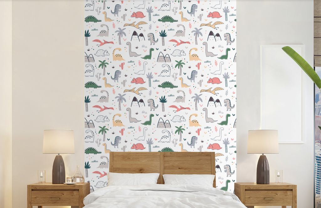MuchoWow Fototapete für Wohnzimmer oder Schlafzimmer Wandtapete Vinyl Motivtapete Muster - Dino - Baum - Jungen - Kinder - Kinder - 140x220 cm -...