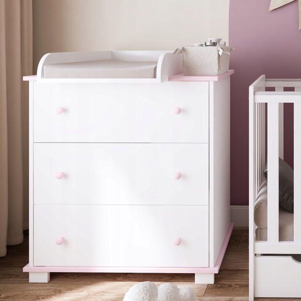 ZEE Weiß mit Rosa Wickelkommode 83x87x49 cm Classic mit 3 Schubladen & Abnehmbarem Wickelaufsatz Baby Kommode Für Kinderzimmer