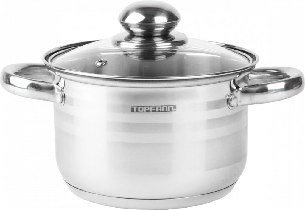 A stainless steel pot with a glass lid and handles, shown from the front against a white background.
