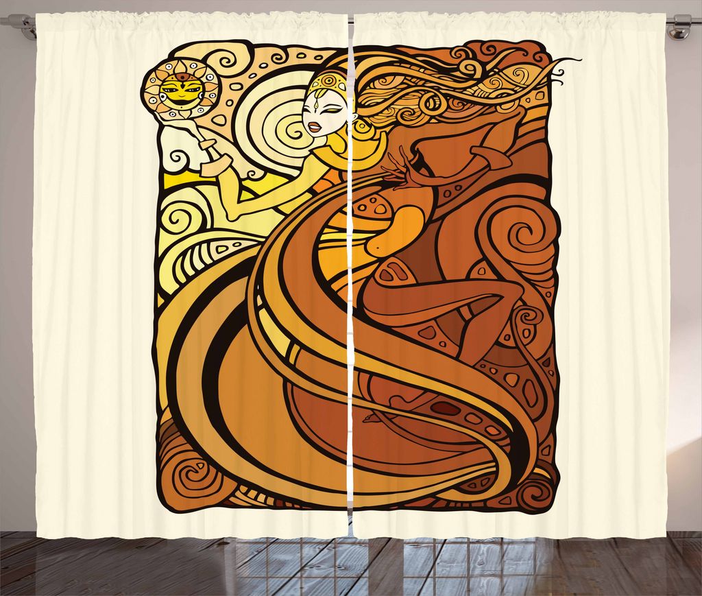 ABAKUHAUS Tarock Rustikaler Gardine, Frau mit Sun, Schlafzimmer Kräuselband Vorhang mit Schlaufen und Haken, 280 x 175 cm, Zimt Ingwer Yellow