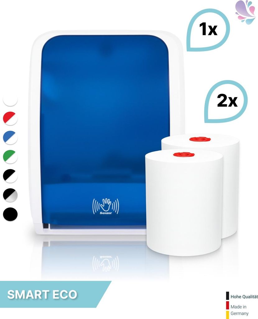 SET: Handtuchrollenspender SENSOR, berührungslos, Blanc Cosmos verschied. Farben + 2 Handtuchrollen Smart ECO - PRODUKTSET : Farbe - Blau / Weiß ...