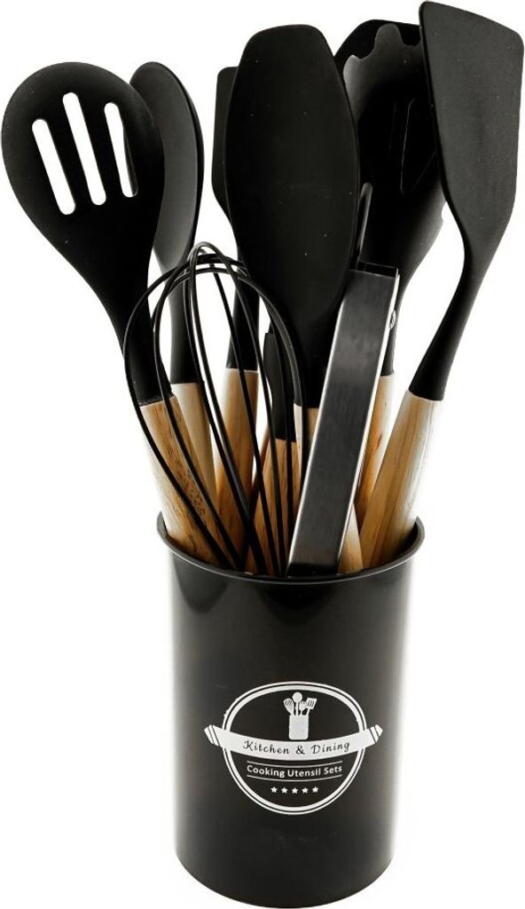 12 teiliges Küchenhelfer-Set aus Silikon Kochgeschirr mit Holzgriff Hitzebeständig Schwarz