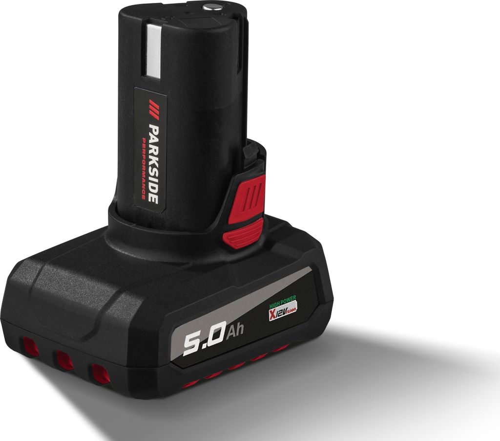 A black and red battery pack with the brand name 'PARKSIDE' visible.