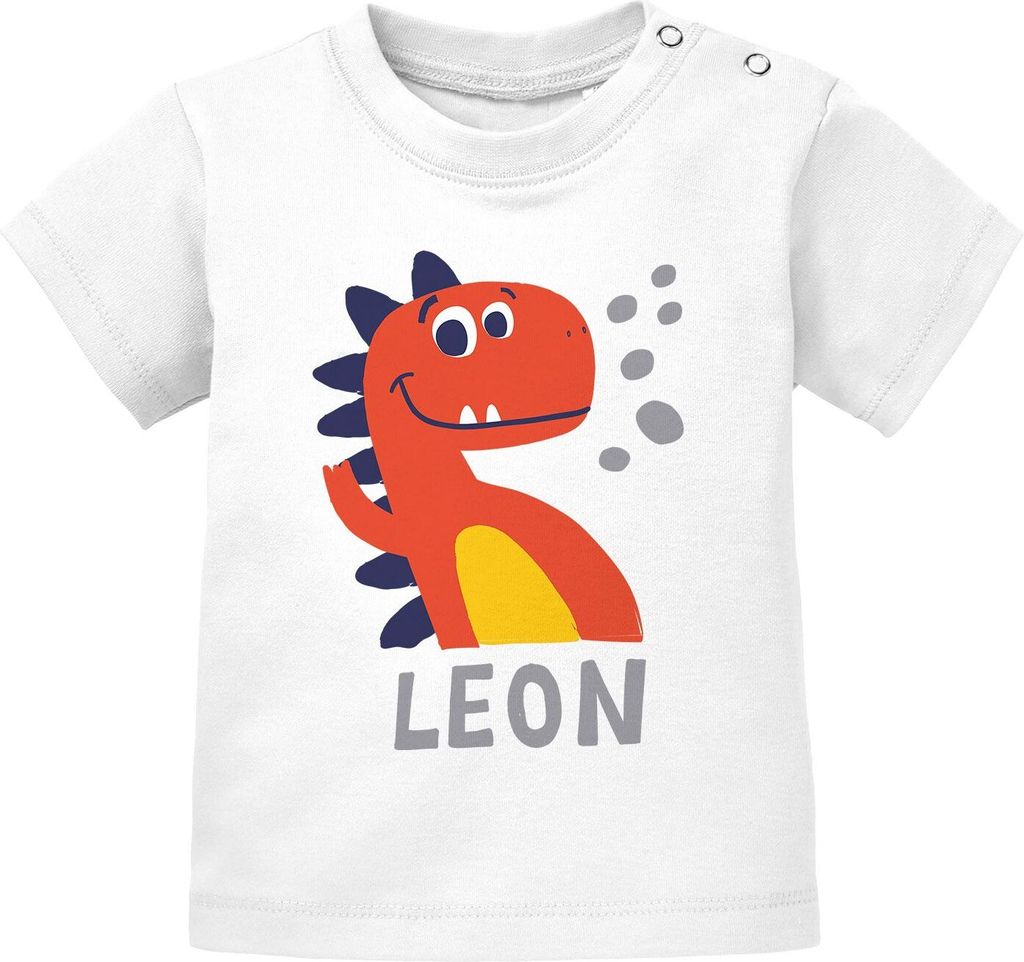 Baby T-Shirt mit Namen personalisiert Dino Drache Krokodil Junge Mädchen kurzarm Baumwolle MoonWorks weiß 92/98 (16-24-Monate)