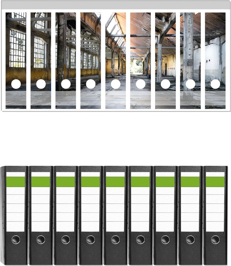 Wallario 9 Stück breite Ordner inkl. Klebeetiketten mit Motive Alte Industriehalle leerstehend und einsam - Set mit Rückenschildern / Ordnerrück...