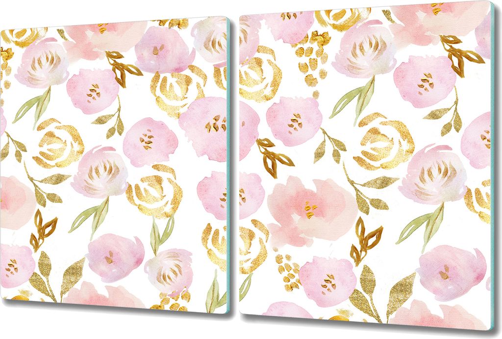 Glas Schneidebrett Herdabdeckplatten Schneideplatten - 2x 40x52 cm - Gold rosa Blüten