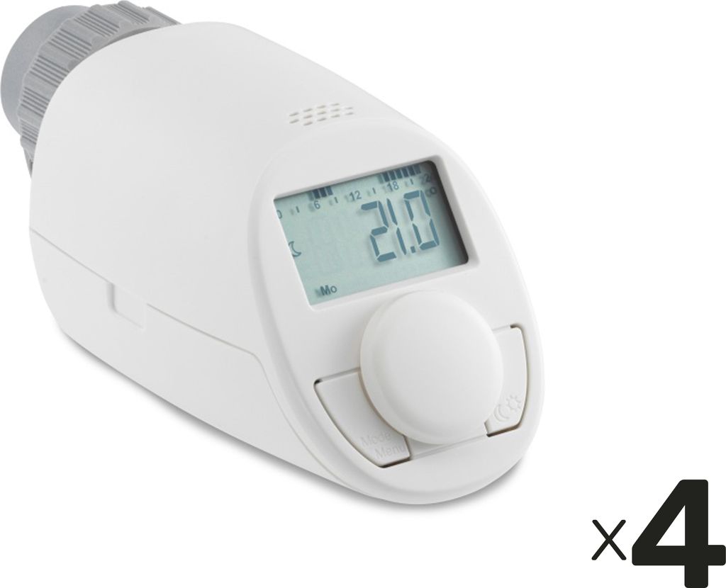 A white radiator thermostat head with a digital display and a dial.