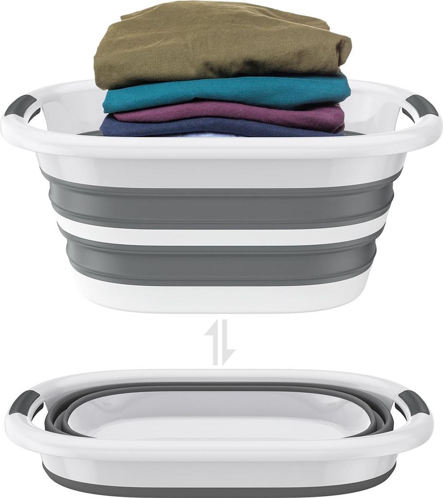 A collapsible laundry basket is shown in both its expanded and folded states, with folded clothes inside the expanded basket.