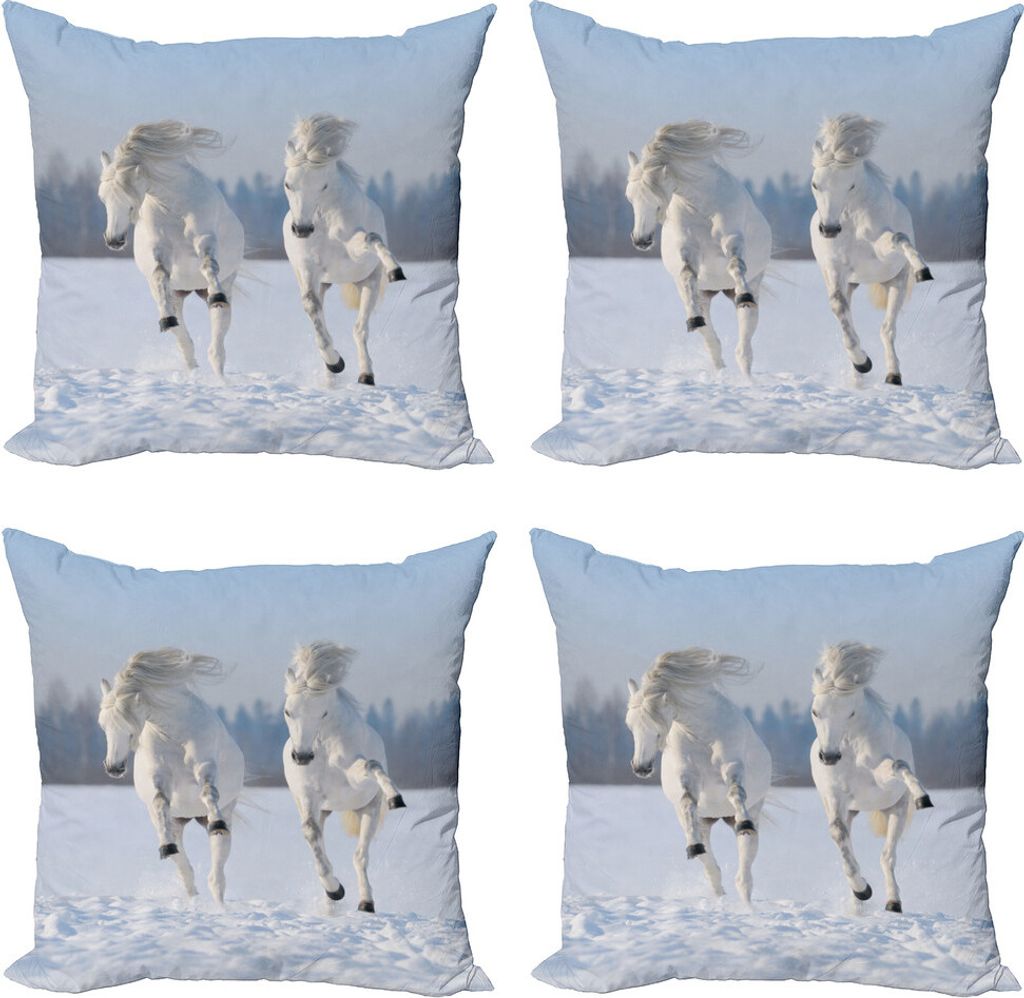 ABAKUHAUS Tierdruck Kissenbezug Set (4 Stück), Reinrassige Pferde Wilde, Moderner Doppelseitiger Digitaldruck, 50 cm x 50 cm, weiß Aqua