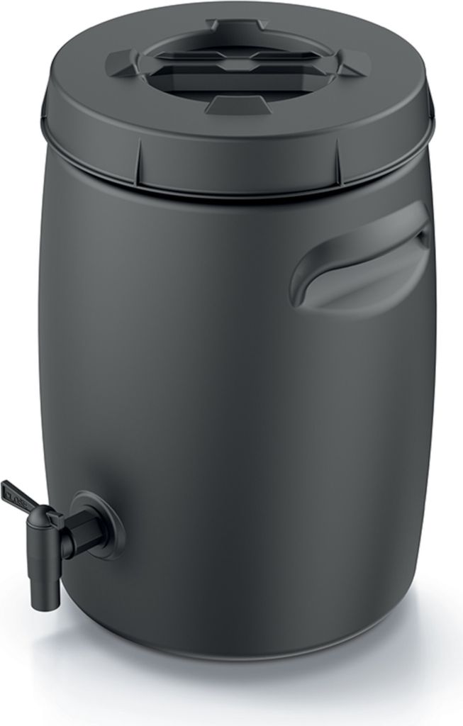 A black plastic barrel with a spigot and lid.
