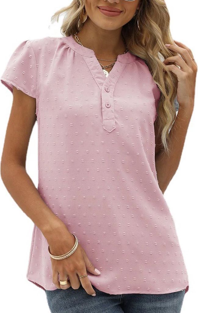 ASKSA Damen Swiss Dot Bluse Kurzarm Sommer Elegant T-Shirt V-Ausschnitt Tunika Einfarbig Chiffon Hemd, Rosa, S