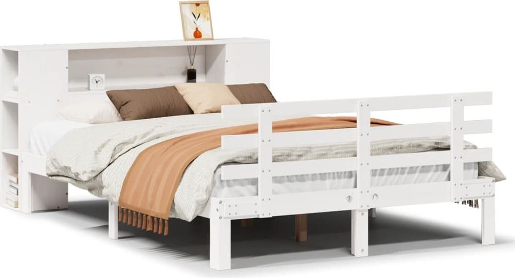 "WINTER SALE"Massivholzbett Modernes/Doppelbett - Polsterbett Erwachsene/r /Kind - mit Regal ohne Matratze - Weiß 140x190cm Kiefer - Klassische Be...
