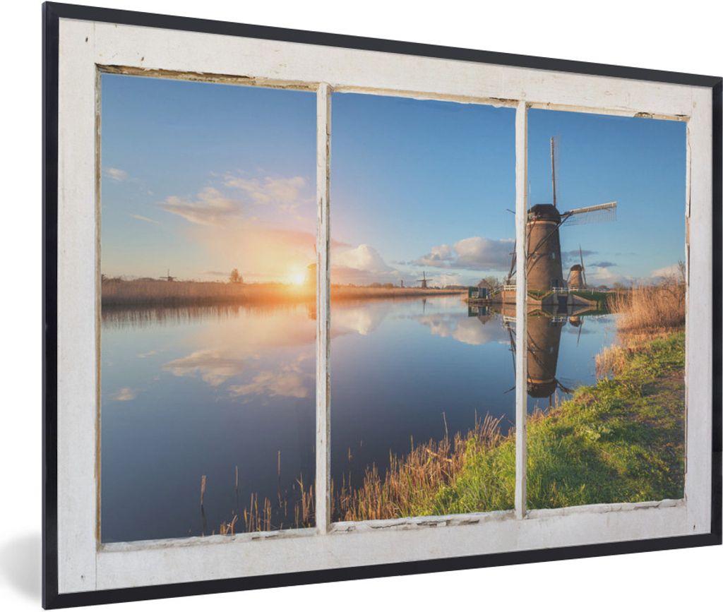 MuchoWow MuchoWow Gerahmtes Poster Aussicht - Mühle - Reflexion 90x60 cm - Poster mit zchwarzem Bilderrahmen - Fotorahmen - Foto-Plakat