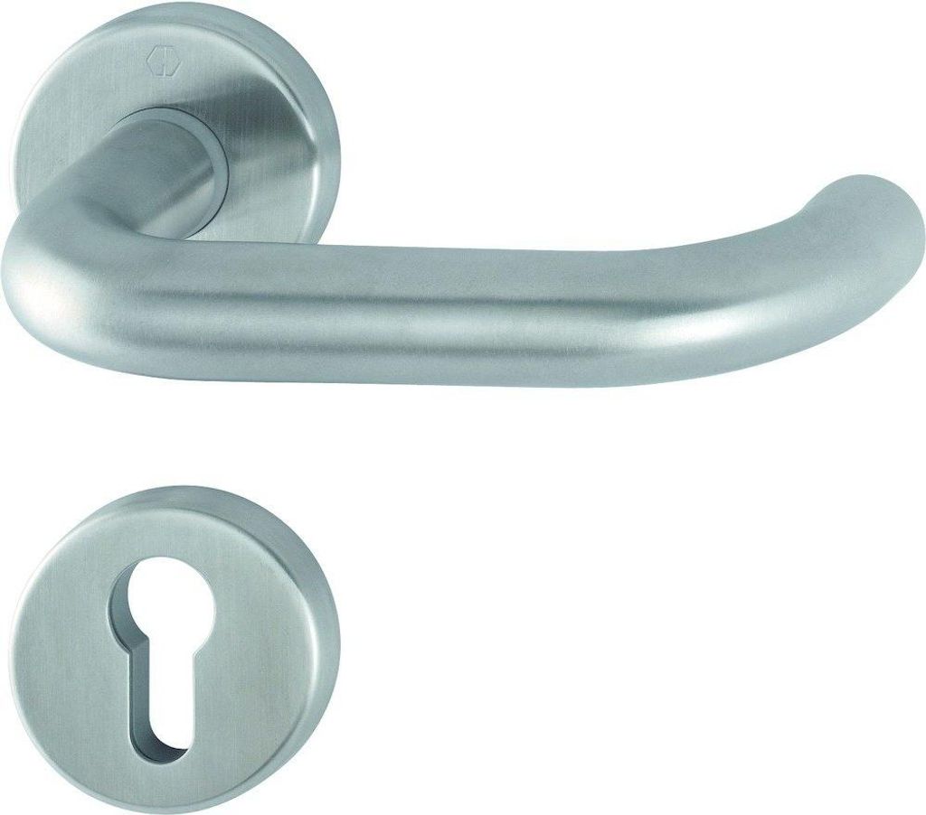 A door handle and a keyhole escutcheon plate, both made of brushed metal, are shown against a white background.