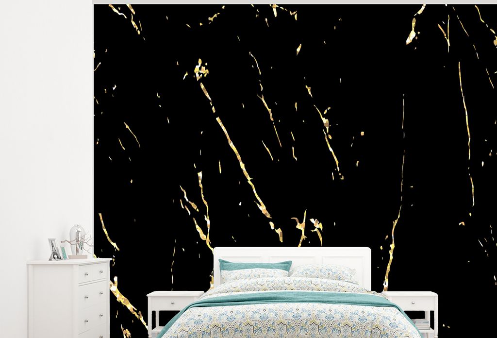 MuchoWow Fototapete für Wohnzimmer oder Schlafzimmer Wandtapete Vinyl Motivtapete Marmor - Schwarz - Gold - Luxus - 325x260 cm - Tapete