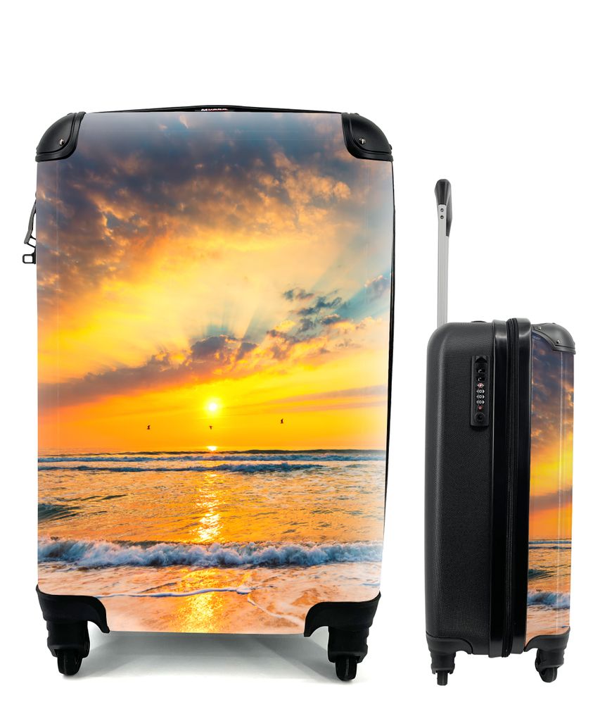 MuchoWow Koffer Handgepäck Trolley Rollkoffer Kleine Reisekoffer mit 4 Rollen - Sonnenuntergang - Strand - Meer - Wolken - Orange - Cabin Size <...