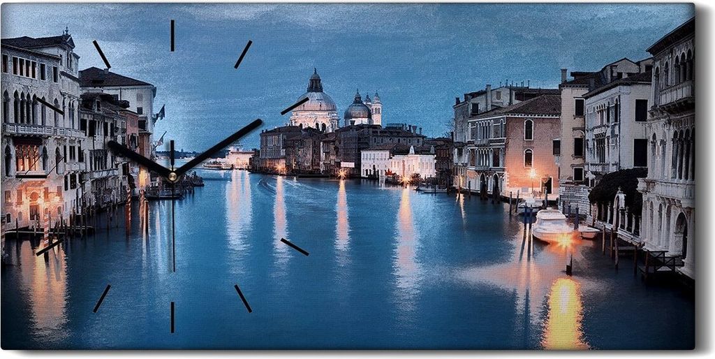 Wandkunst Leinwand Bild Uhr 60x30 Gemälde Architektur Wasser Boote Stadt - schwarze Hände