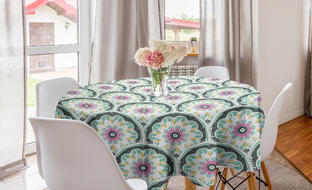 ABAKUHAUS orientalisch Runde Tischdecke, Ottoman Blumenmuster, Kreis Tischdecke Abdeckung für Esszimmer Küche Dekoration, 150 cm, Sea Green und Pink