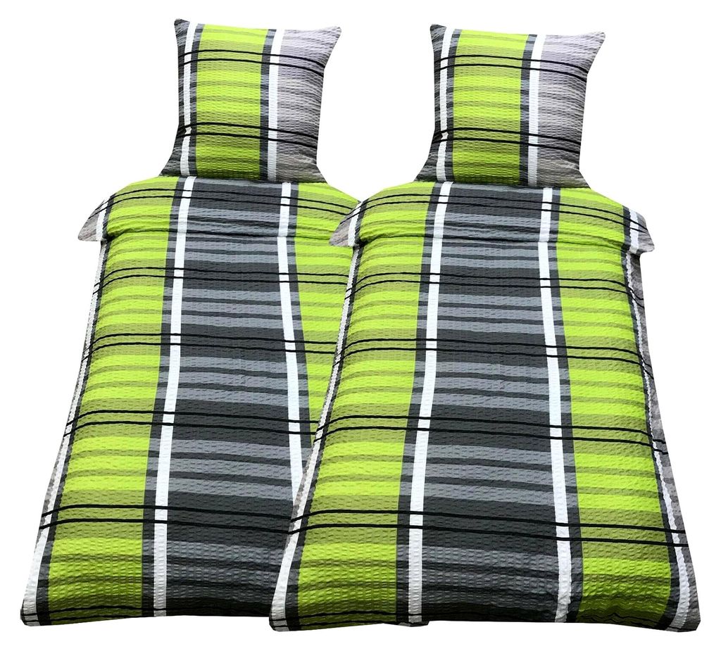 Bettwäsche Set 4-teilig Seersucker 135x200 cm Grün Grau Gestreift mit Reißverschluss