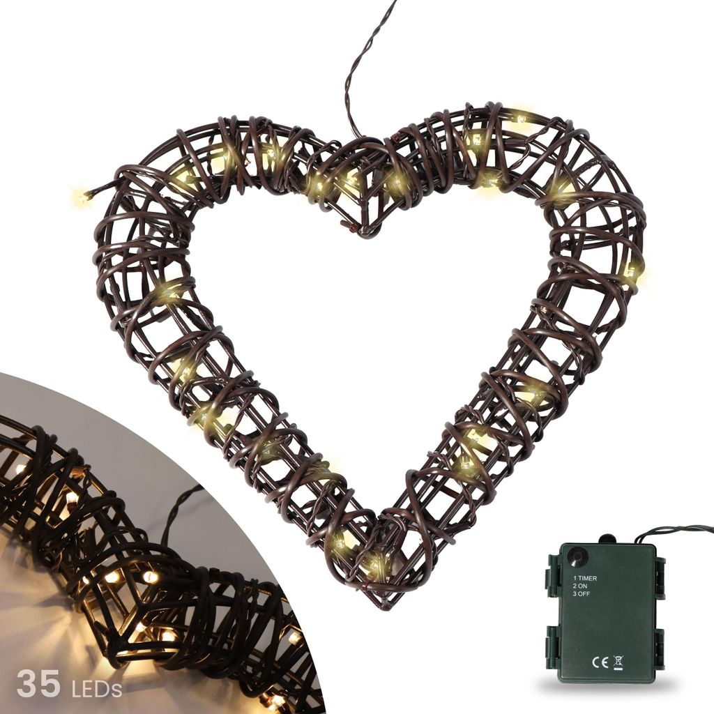LED Herz Rattan-Optik 28,5 x 27 cm 35 LED warmweiß batteriebetrieben mit Timer-Funktion