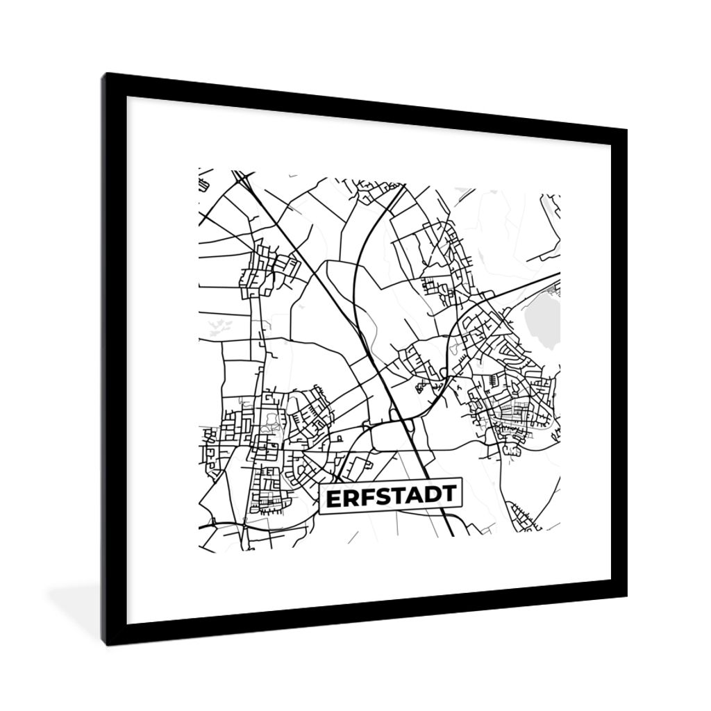MuchoWow Gerahmtes Poster Erfstadt - Karte - Stadtplan 40x40 cm - Poster mit Schwarzem Bilderrahmen Wandposter Rahmen Foto Bilder - Poster - Plak...