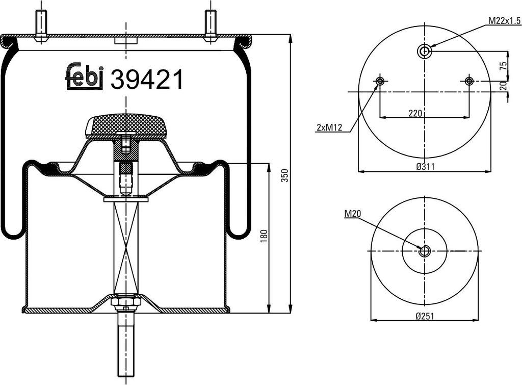FEBI BILSTEIN Luftfederbalg Federbalg 39421 passend für PEUGEOT 504 Cabriolet 221 673mm 311 258mm