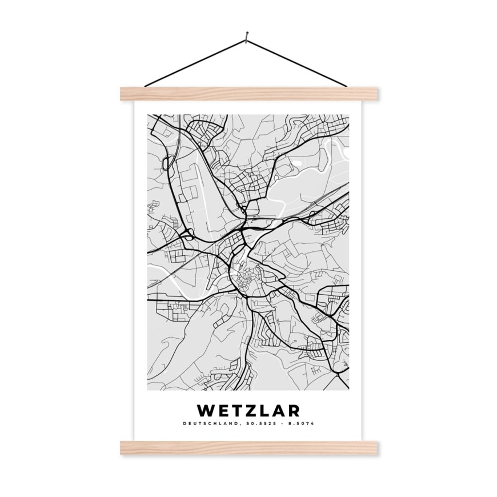 MuchoWow Textilposter Stadtplan - Karte von Deutschland - Wetzlar 120x180 cm mit holzfarbenen Rahmen - Textil-Plakat
