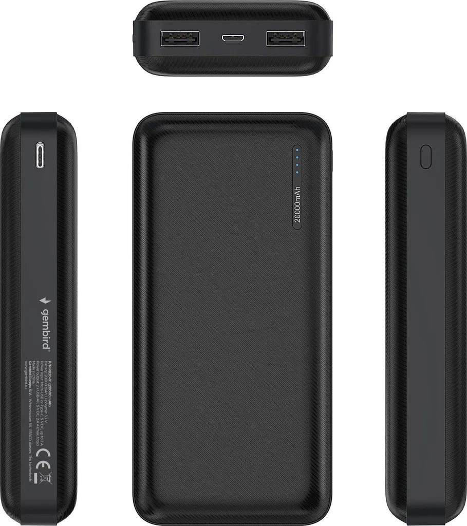 Power Bank 20000 mAh Gembird PB20-01 Noir Double Sortie USB 2,4A Max