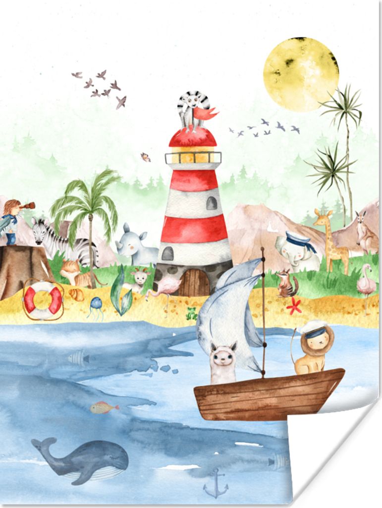 MuchoWow Poster Strand - Tiere - Kinder - Leuchtturm - Jungen 60x80 cm - Schlafzimmer Dekoration