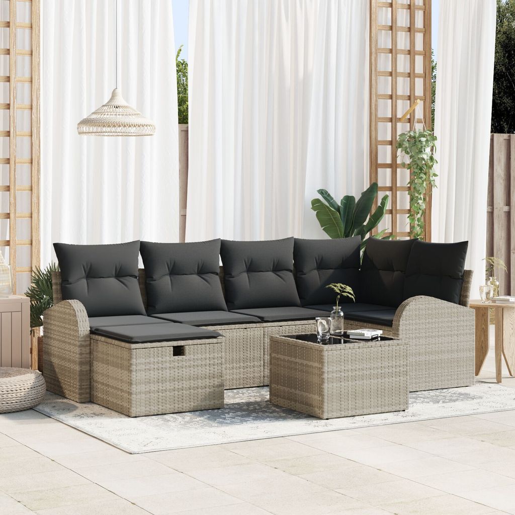 7-teilige Garten Sofa Set mit Kissen Hellgrauer Poly Rattan, Gartensofas DesignMöbel Neu
