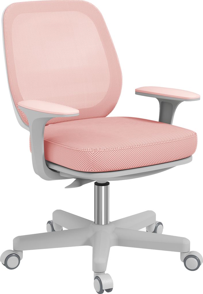 A pink and gray ergonomic office chair with five wheels.