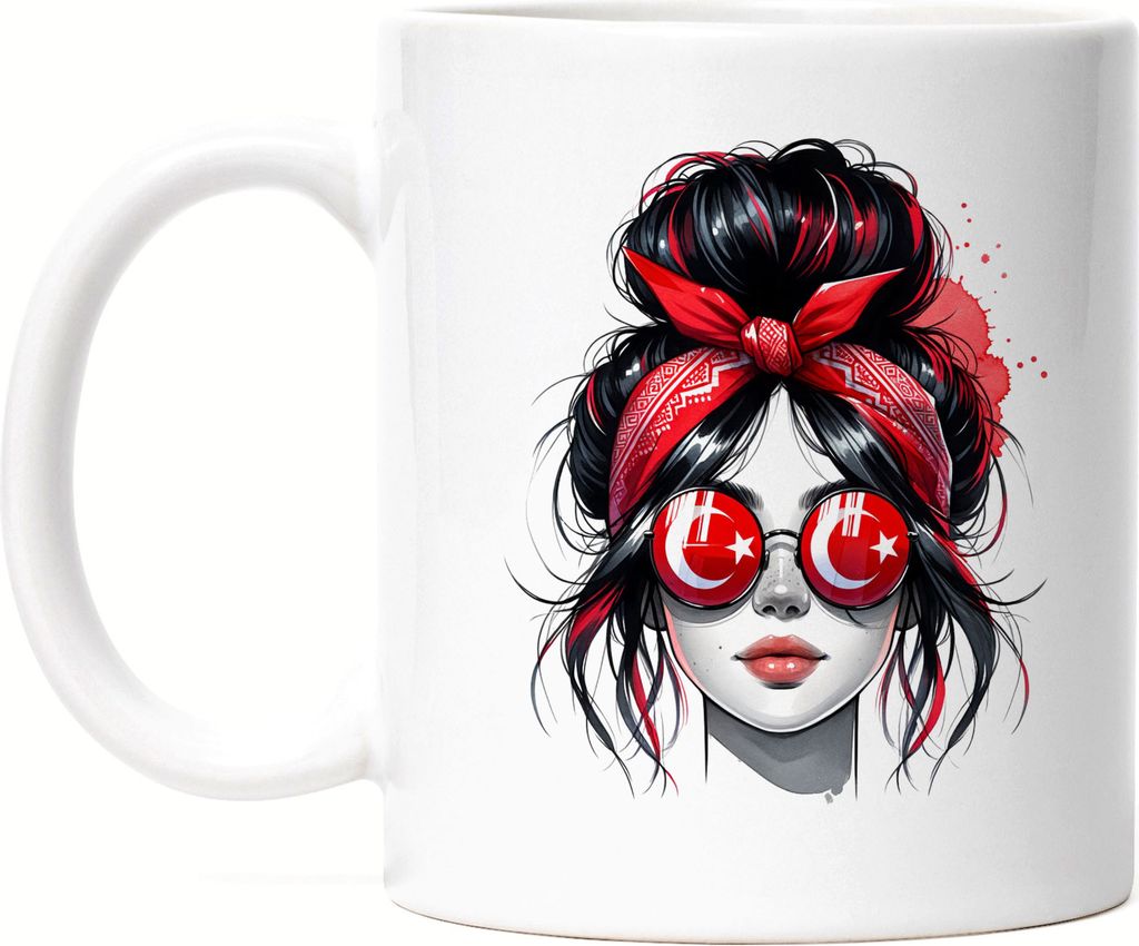 Stylisches Girl Mit Sonnenbrille Und Bandana Tasse Weiß Geschenk für Mode Fans Frauen Türkei Design Modern